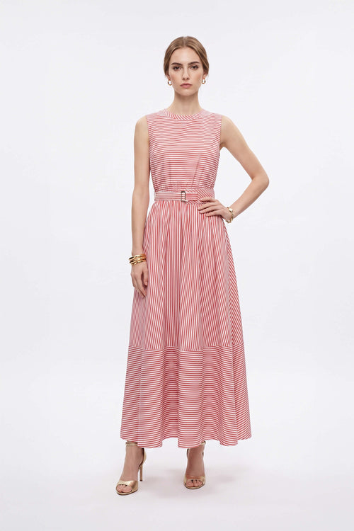 Luciana Striped Belted Maxi Vestido 723110 ROJ - Reina Diaz