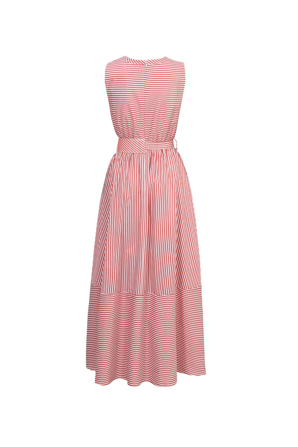 Luciana Striped Belted Maxi Vestido 723110 ROJ - Reina Diaz