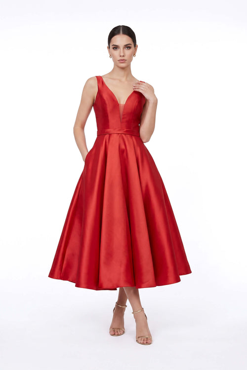 Martina Plunging V-Neck Midi Vestido 421095 ROJ - Reina Diaz