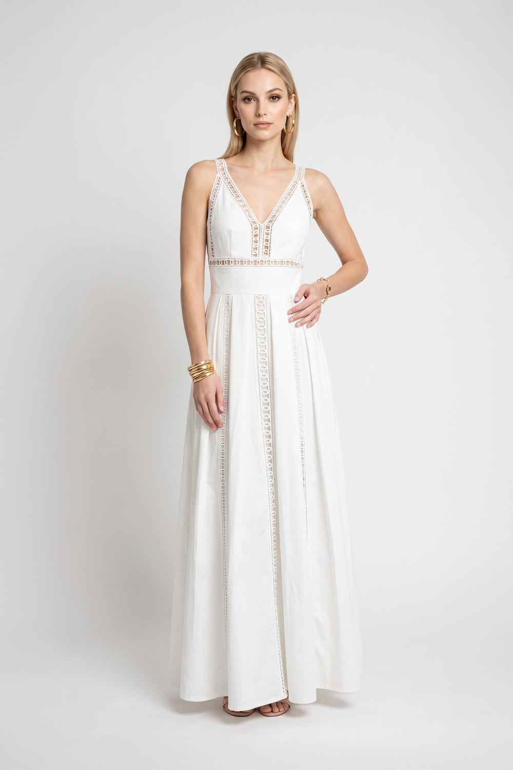 Mia V-Neck Eyelet Maxi Vestido 526281 HUE - Reina Diaz