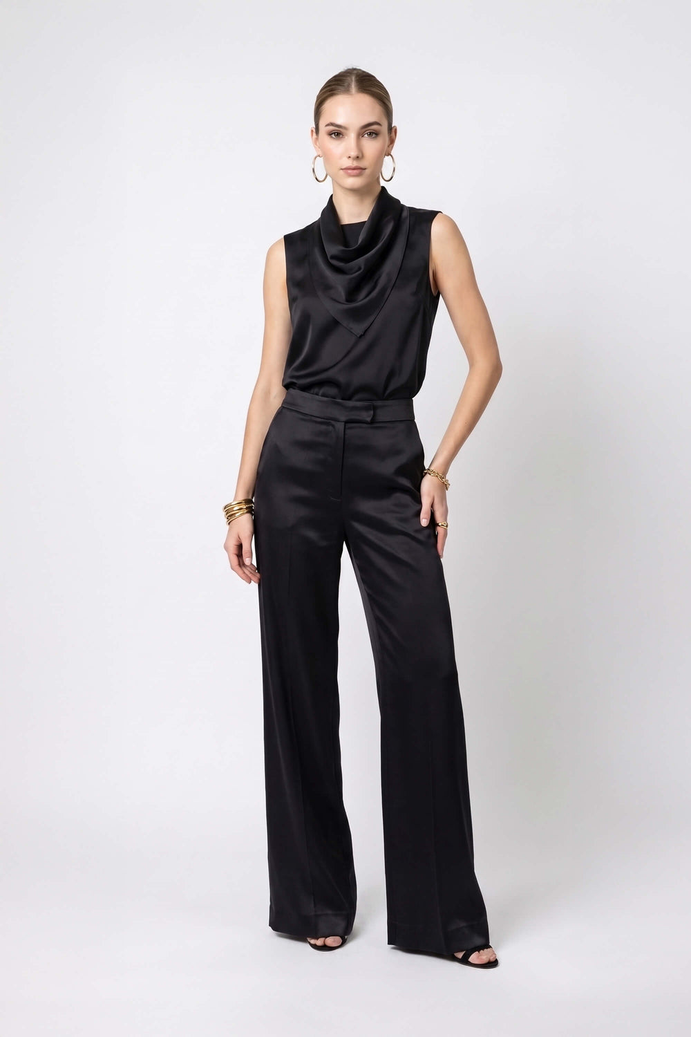 Nicoletta Drape Scarf-Neck Sleeveless Blusa 554292 NEG - Reina Diaz