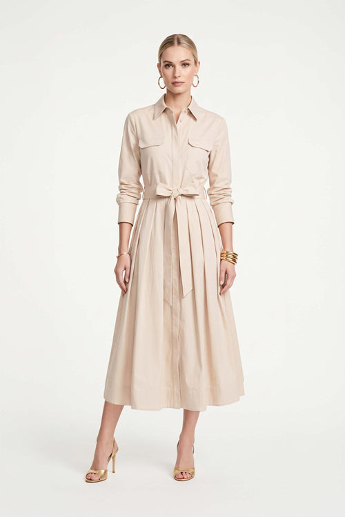 Nora Belted Pleated Shirt Midi Vestido 526271 BEI - Reina Diaz
