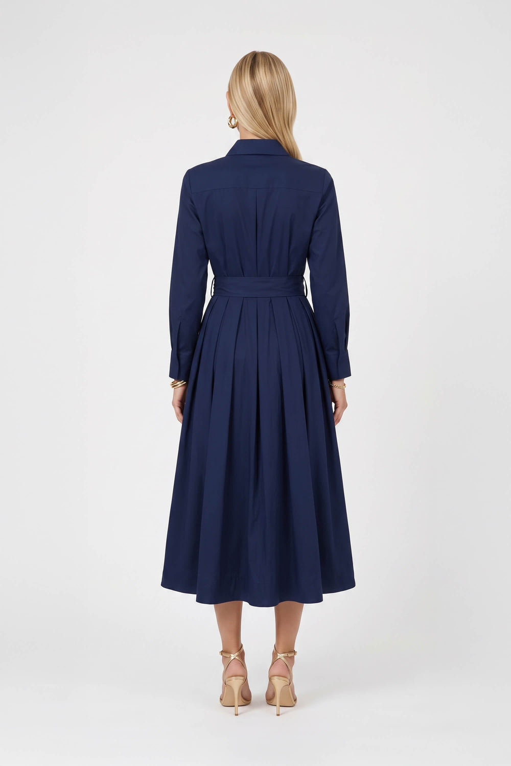 Nora Belted Pleated Shirt Midi Vestido 526271 MAR - Reina Diaz