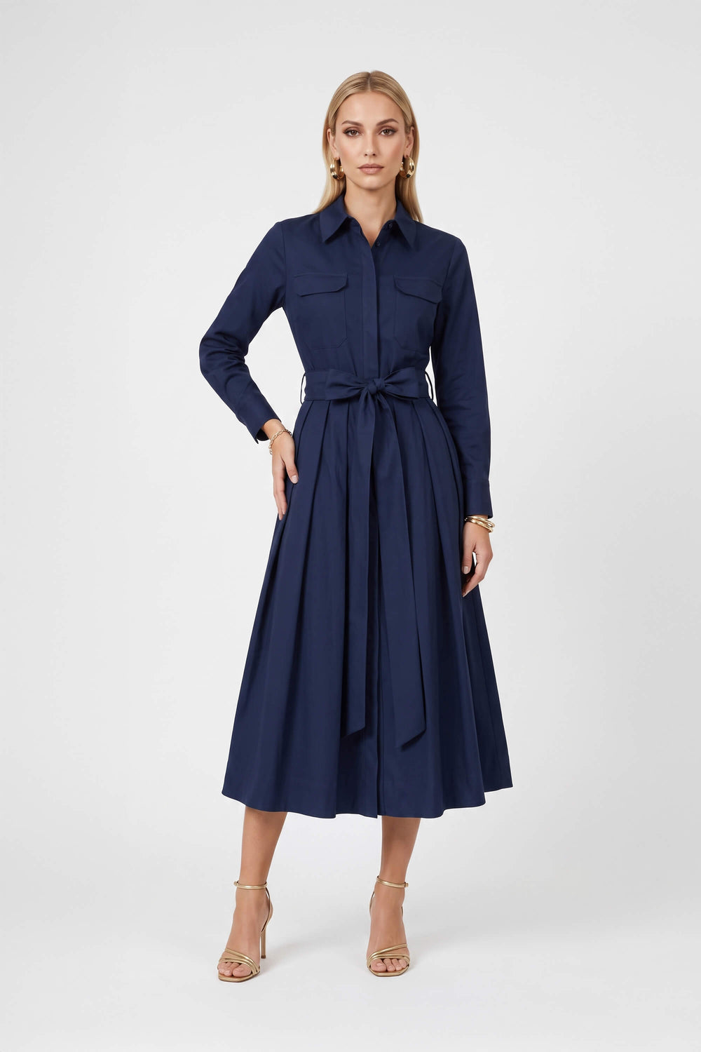 Nora Belted Pleated Shirt Midi Vestido 526271 MAR - Reina Diaz