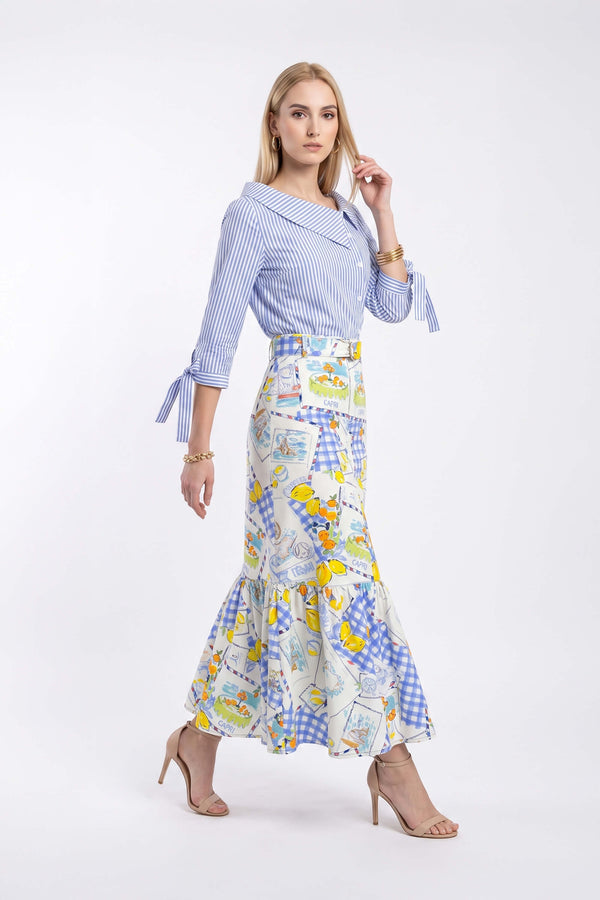 Olimpia Capri-Print Tiered Midi Falda 740998 AZU - Reina Diaz