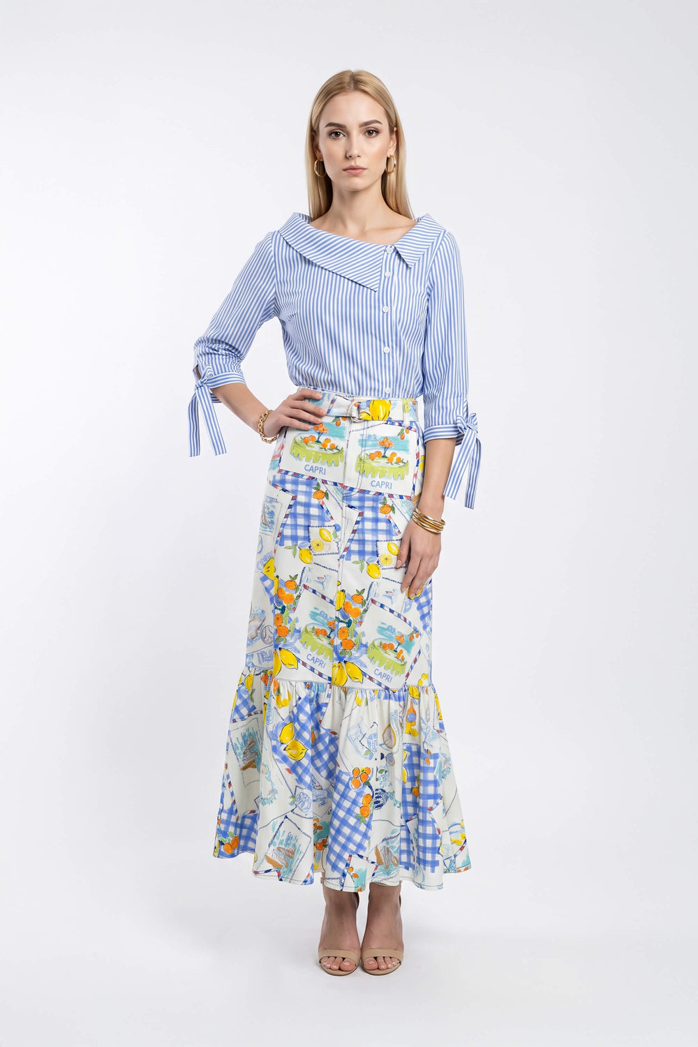 Olimpia Capri-Print Tiered Midi Falda 740998 AZU - Reina Diaz
