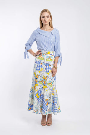 Olimpia Capri-Print Tiered Midi Falda 740998 AZU - Reina Diaz