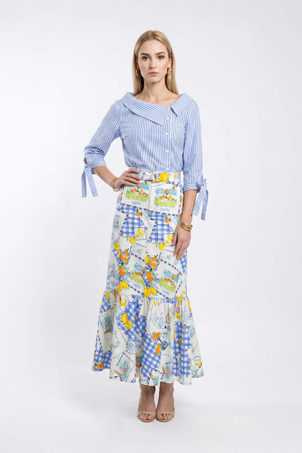 Olimpia Capri-Print Tiered Midi Falda 740998 AZU - Reina Diaz