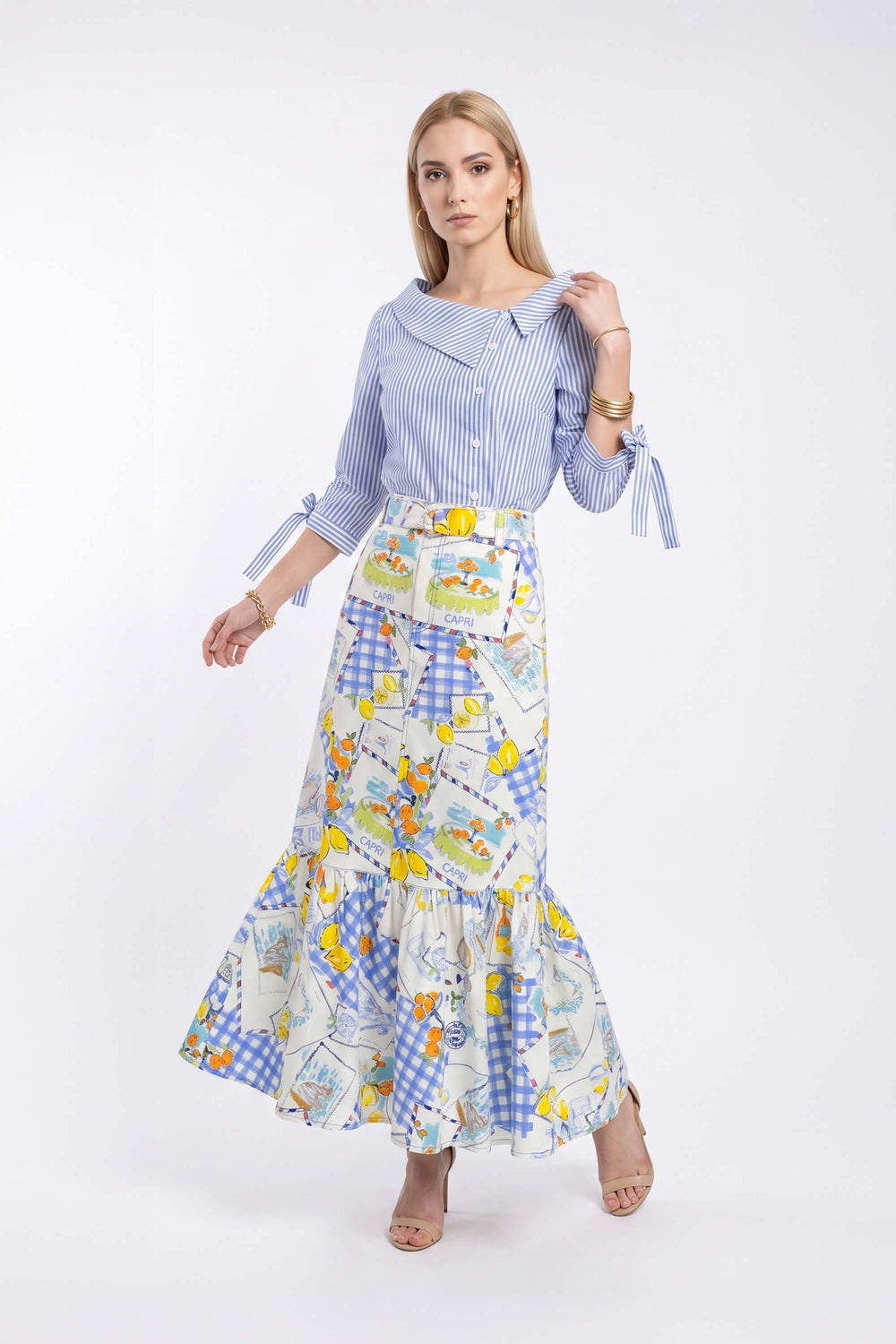 Olimpia Capri-Print Tiered Midi Falda 740998 AZU - Reina Diaz