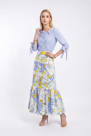 Olimpia Capri-Print Tiered Midi Falda 740998 AZU - Reina Diaz