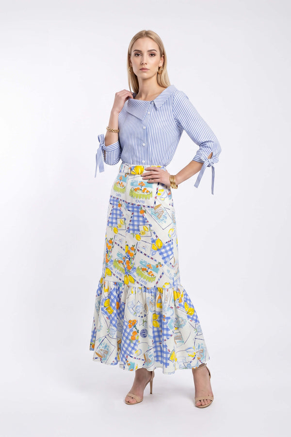 Olimpia Capri-Print Tiered Midi Falda 740998 AZU - Reina Diaz