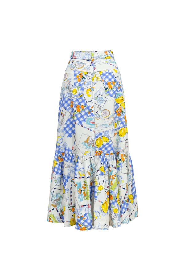 Olimpia Capri-Print Tiered Midi Falda 740998 AZU - Reina Diaz