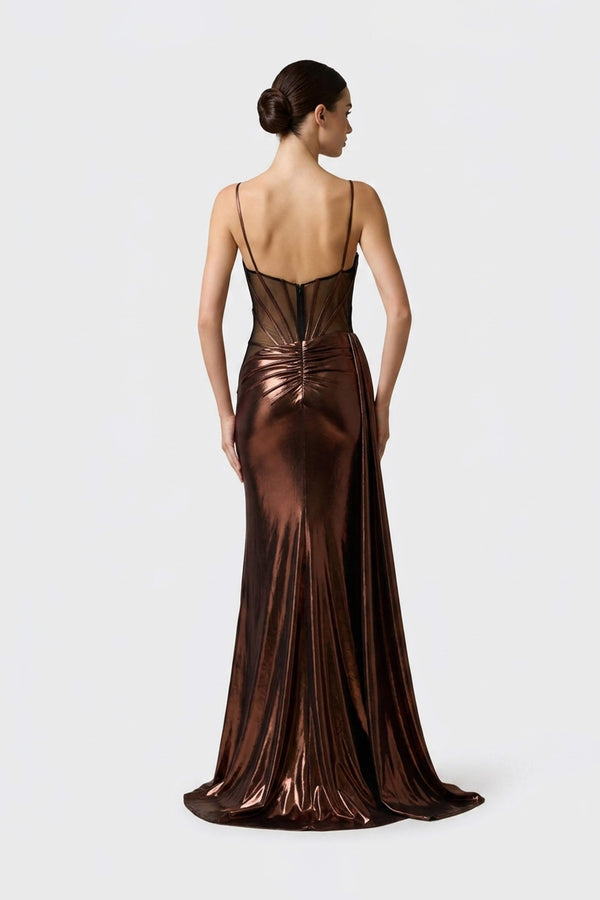 Olimpia Corset Metallic Slit Vestido 421473 BRO - Reina Diaz