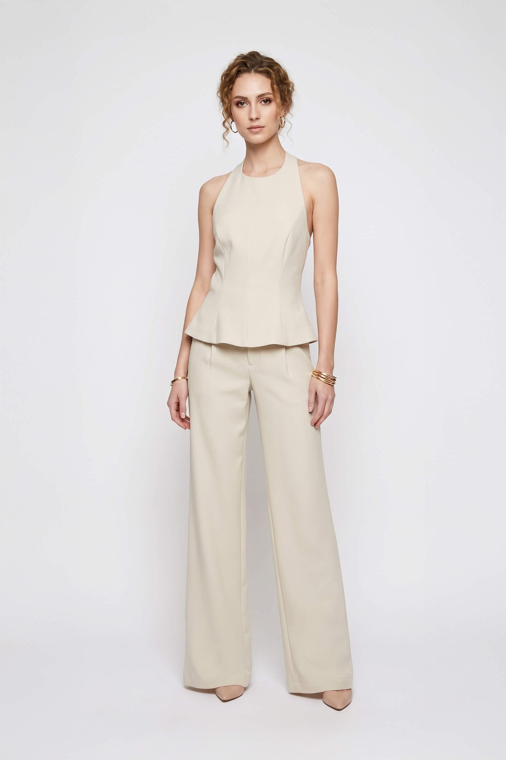 Olimpia Cuffed Wide-Leg Tailored Pantalón 532136 BEI - Reina Diaz