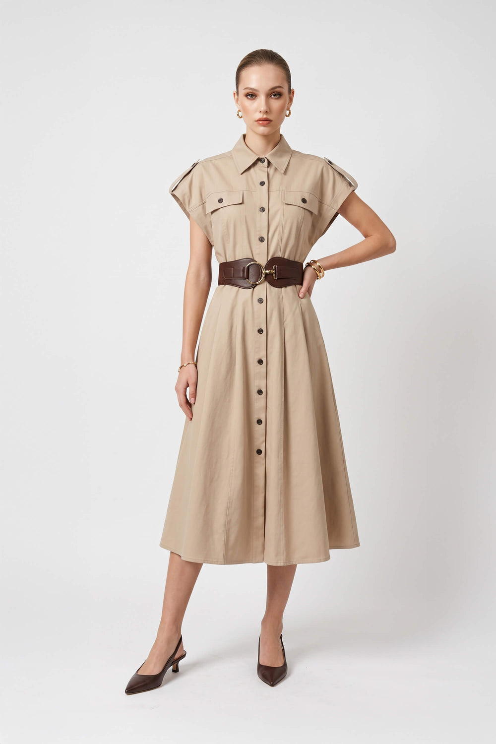 Olimpia Epaulette Belted Shirt Midi Vestido 723171 BEI - Reina Diaz