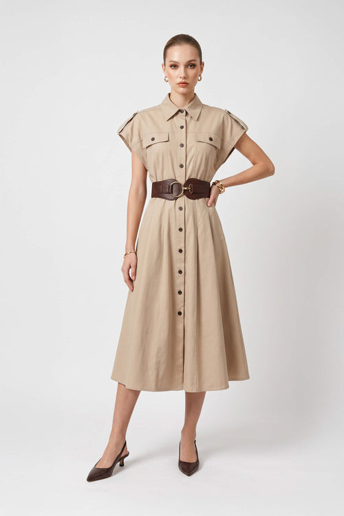 Olimpia Epaulette Belted Shirt Midi Vestido 723171 BEI - Reina Diaz