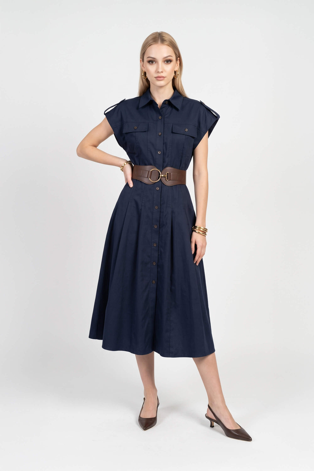 Olimpia Epaulette Belted Shirt Midi Vestido 723171 MAR - Reina Diaz