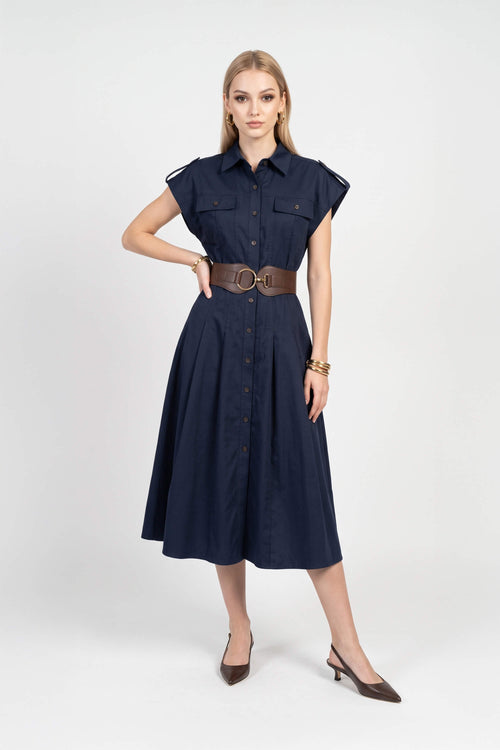 Olimpia Epaulette Belted Shirt Midi Vestido 723171 MAR - Reina Diaz