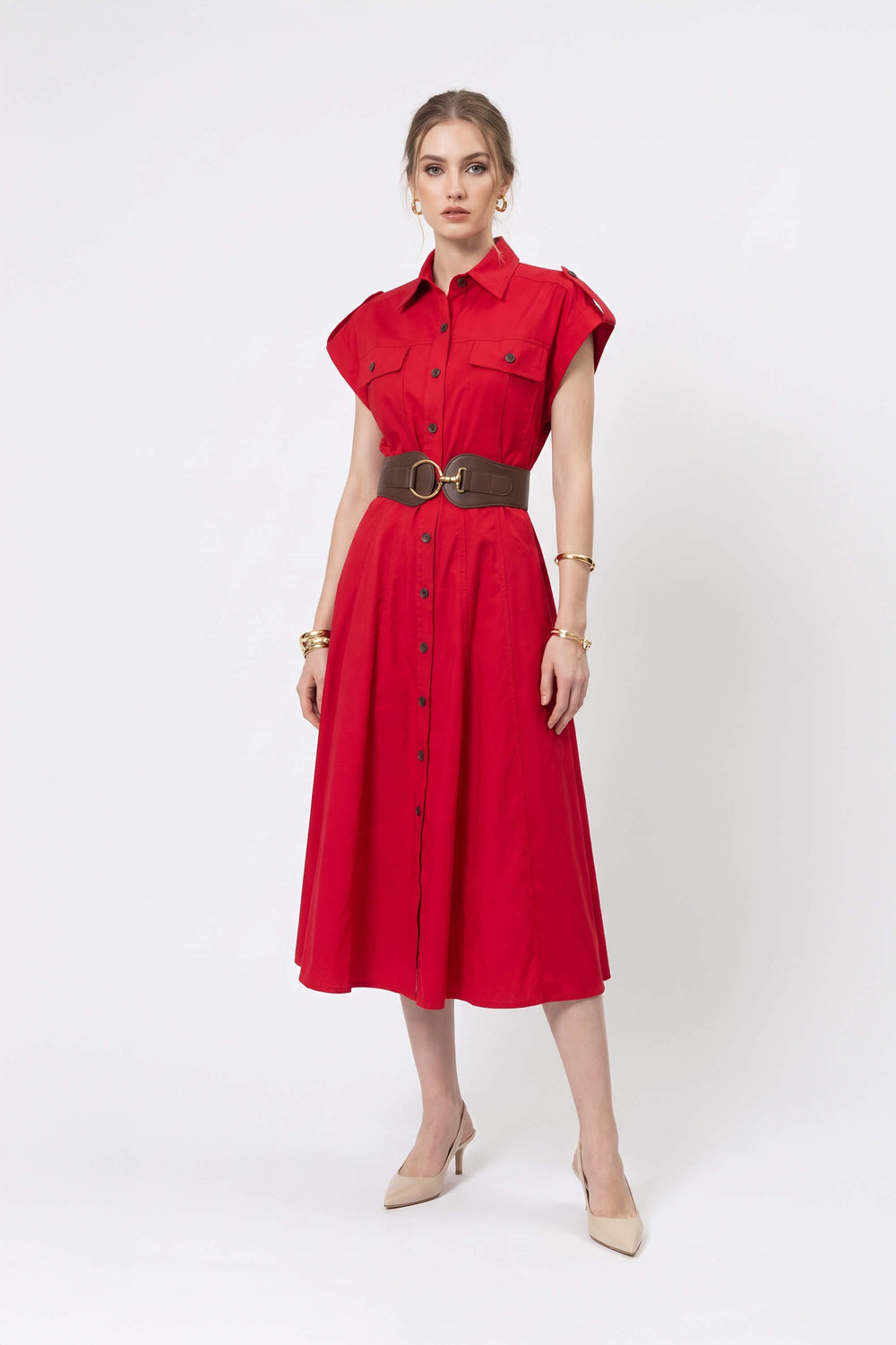 Olimpia Epaulette Belted Shirt Midi Vestido 723171 ROJ - Reina Diaz