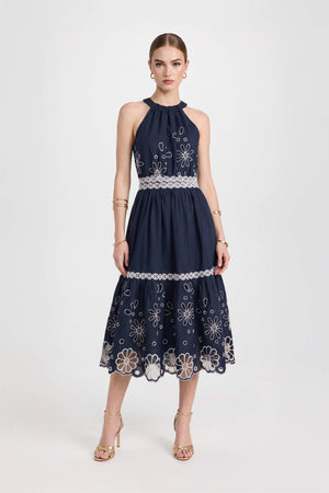 Olimpia Halter Embroidered Midi Vestido 526201 MAR - Reina Diaz