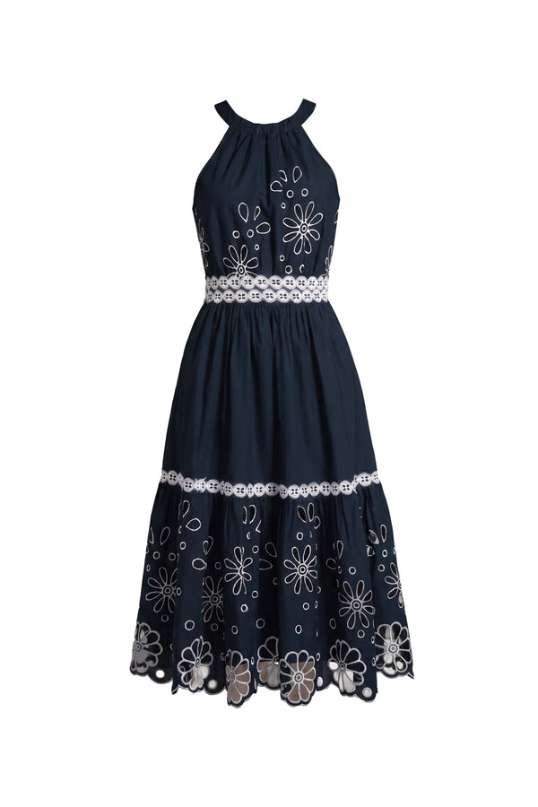 Olimpia Halter Embroidered Midi Vestido 526201 MAR - Reina Diaz
