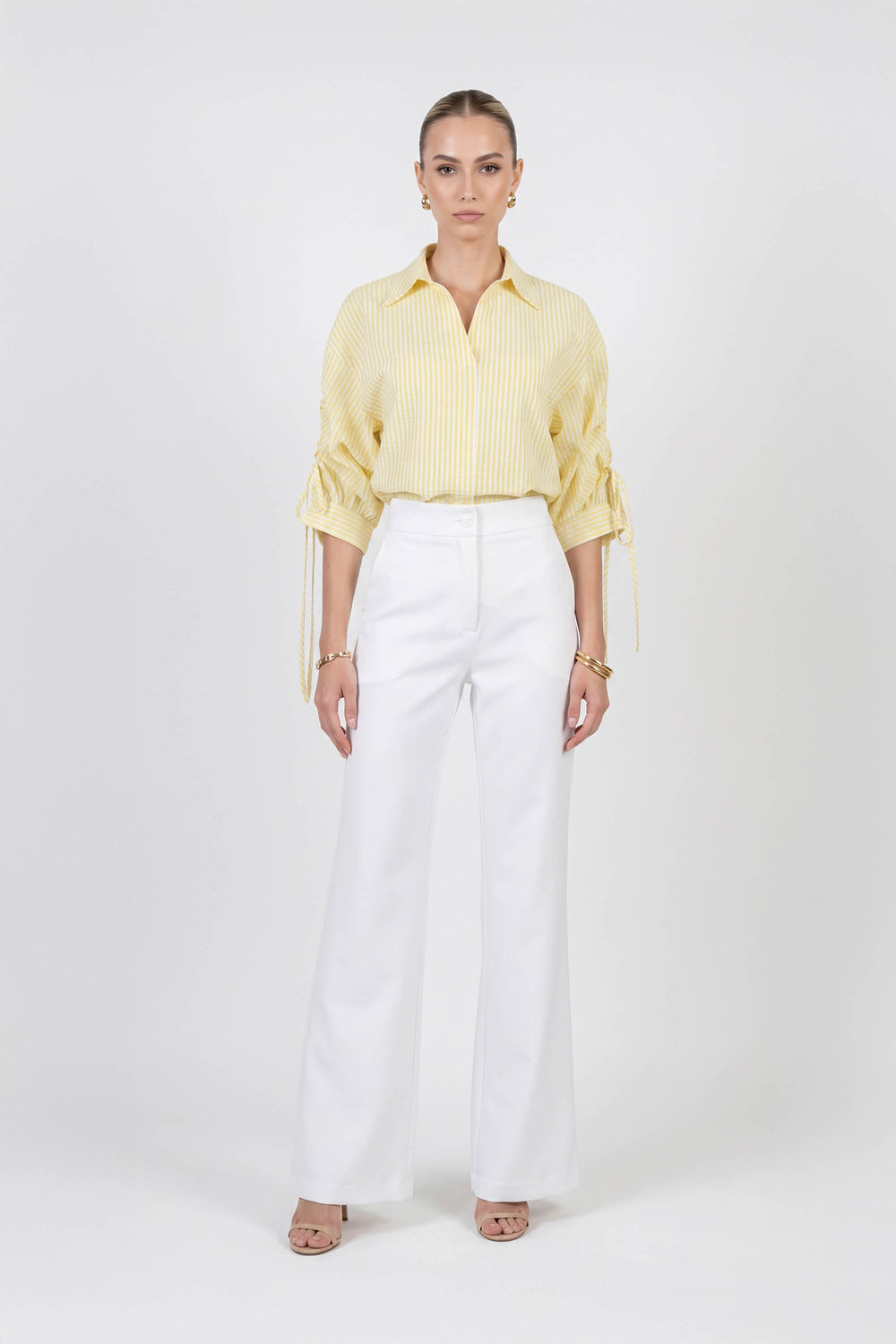 Olivia Ruched Sleeve Striped Camisa 752971 AMA - Reina Diaz