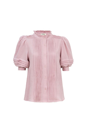 Olivia Ruffled High - Neck Pleated Short - Sleeve Blouse - Reina Diaz