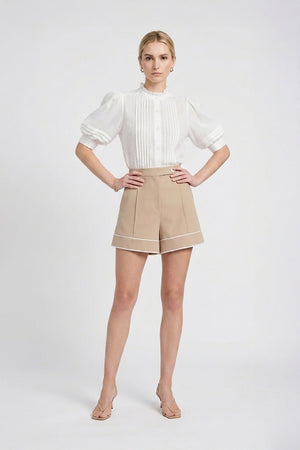 Olivia Ruffled High - Neck Pleated Short - Sleeve Blouse - Reina Diaz
