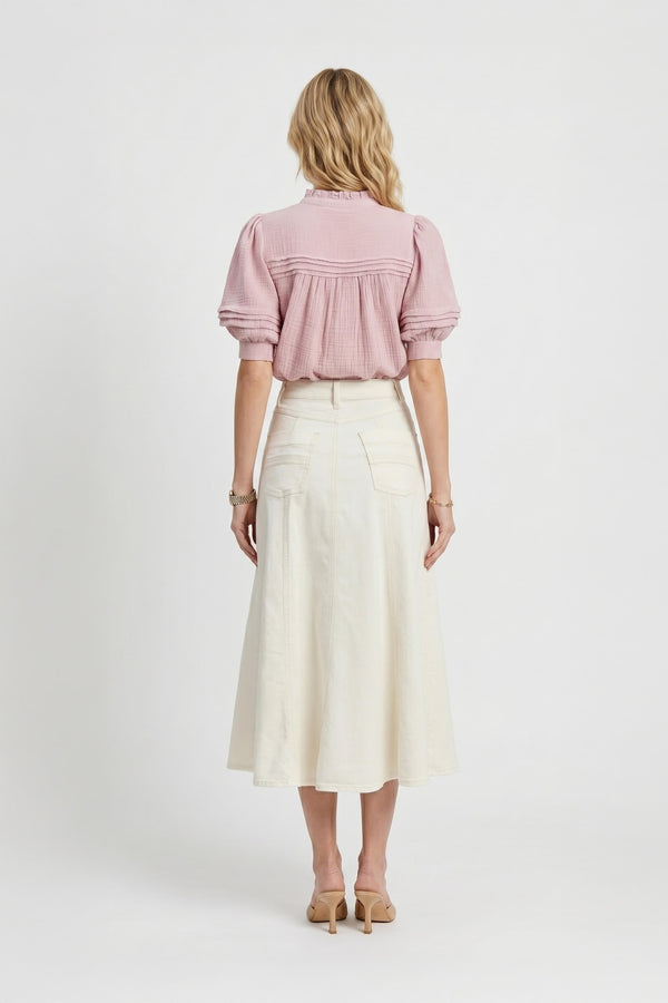Olivia Ruffled High - Neck Pleated Short - Sleeve Blouse - Reina Diaz