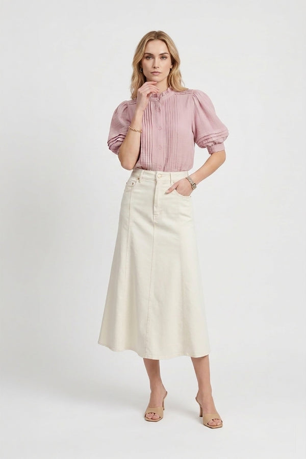 Olivia Ruffled High - Neck Pleated Short - Sleeve Blouse - Reina Diaz