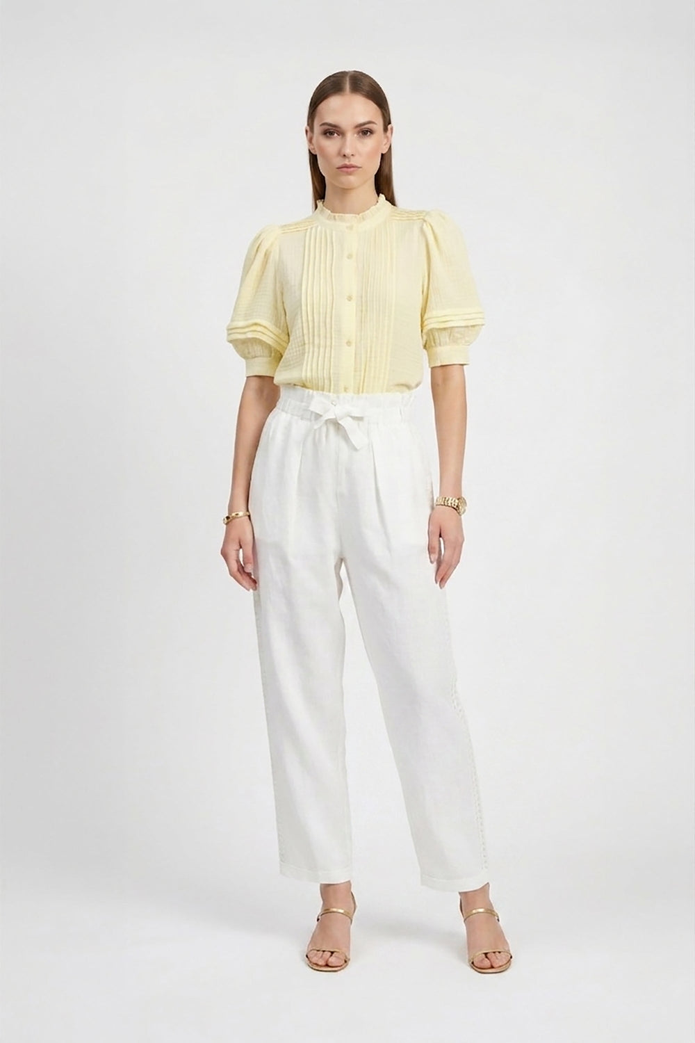 Olivia Ruffled High - Neck Pleated Short - Sleeve Blouse - Reina Diaz