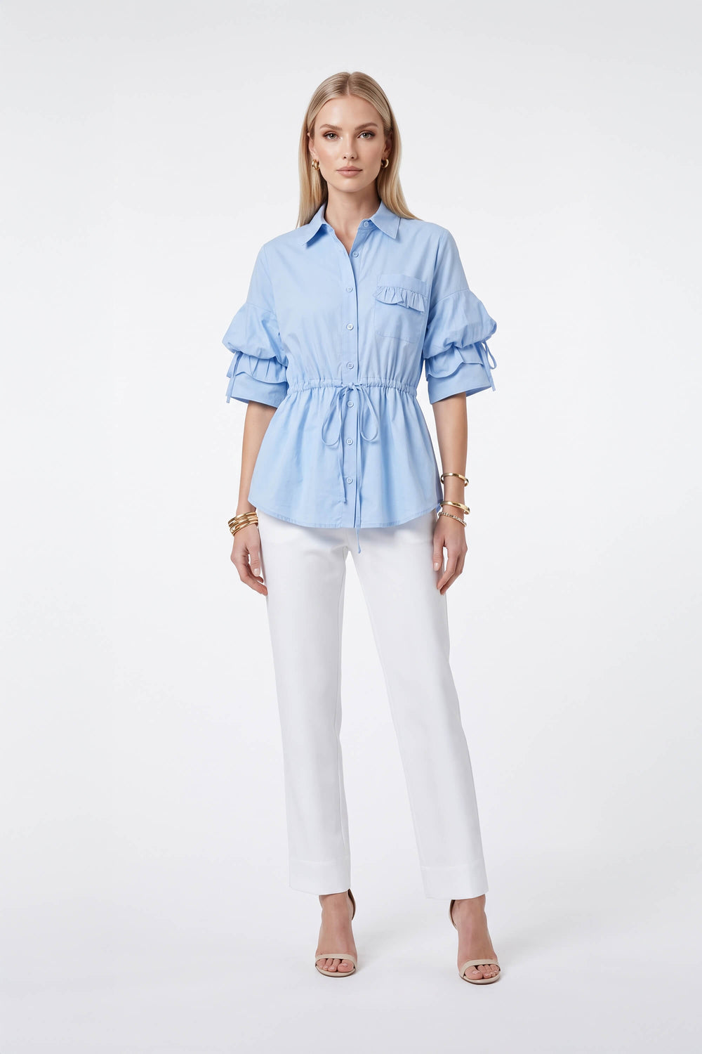 Paulina Drawstring Ruffled Sleeve Blusa 752973 AZU - Reina Diaz