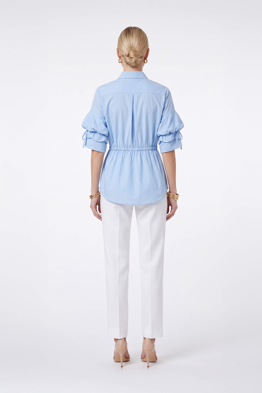 Paulina Drawstring Ruffled Sleeve Blusa 752973 AZU - Reina Diaz