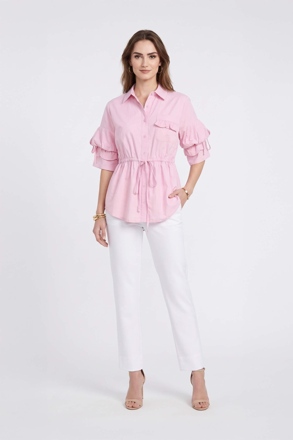 Paulina Drawstring Ruffled Sleeve Blusa 752973 ROS - Reina Diaz