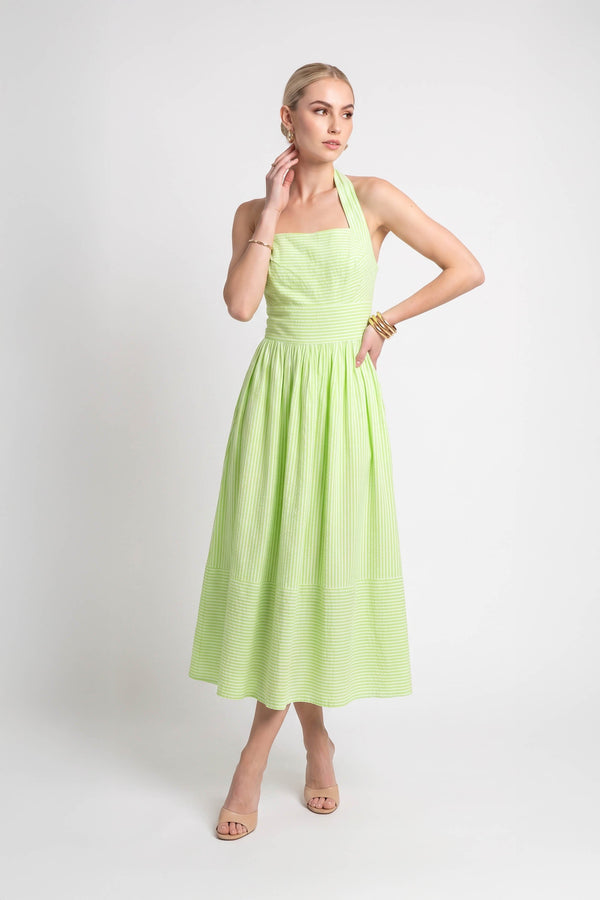 Paulina Striped Halter Midi Vestido 723159 VER - Reina Diaz