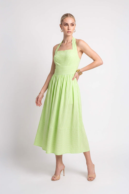 Paulina Striped Halter Midi Vestido 723159 VER - Reina Diaz