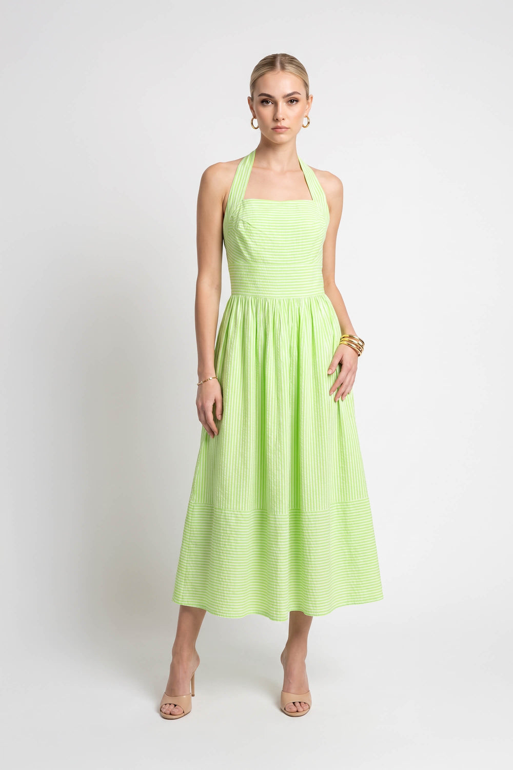 Paulina Striped Halter Midi Vestido 723159 VER - Reina Diaz
