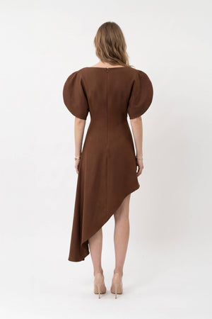 Renata Asymmetric Puff-Sleeve Vestido 526289 CAF - Reina Diaz