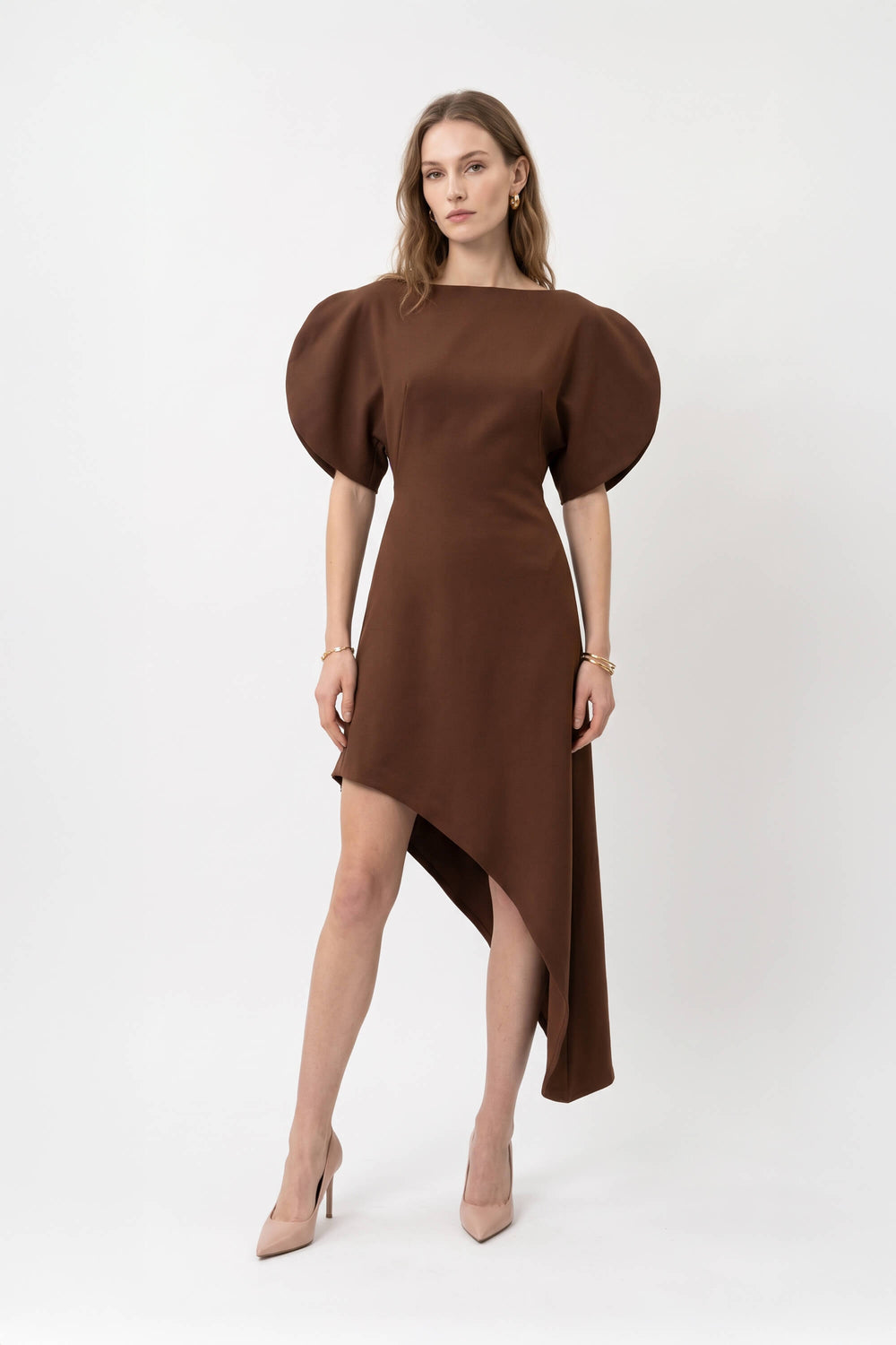 Renata Asymmetric Puff-Sleeve Vestido 526289 CAF - Reina Diaz