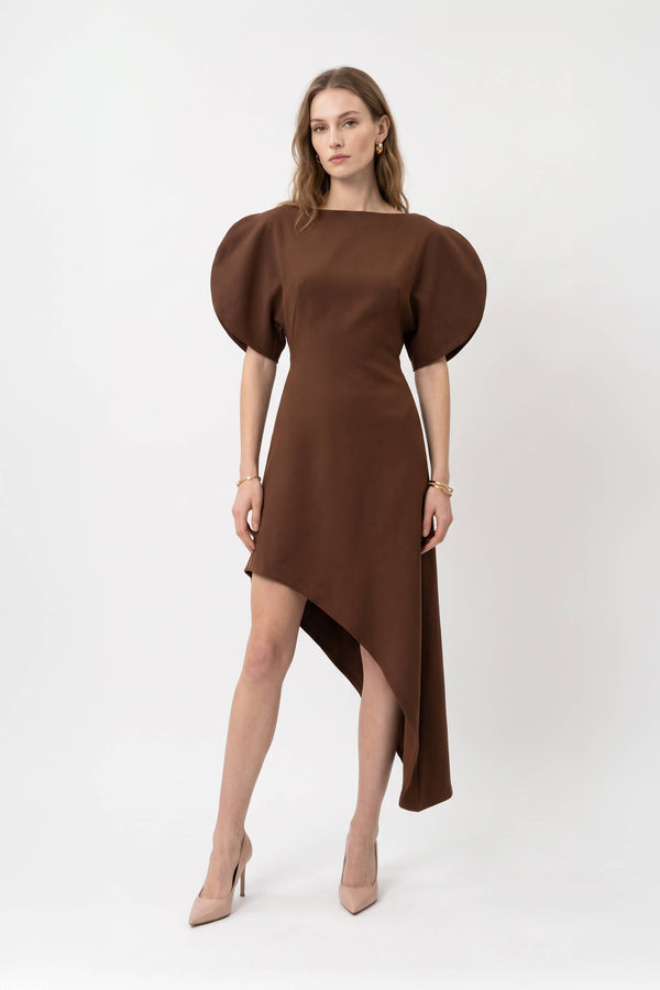 Renata Asymmetric Puff-Sleeve Vestido 526289 CAF - Reina Diaz