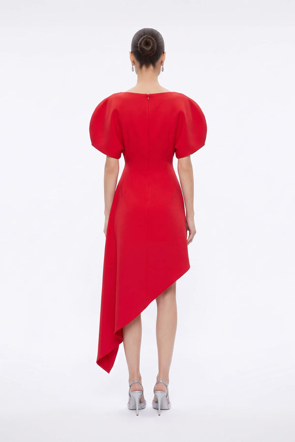 Renata Asymmetric Puff-Sleeve Vestido 526289 ROJ - Reina Diaz