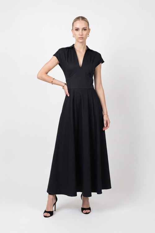 Renata Collar V-Neck Midi Vestido 723074 NEG - Reina Diaz