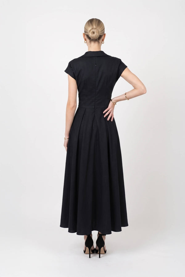 Renata Collar V-Neck Midi Vestido 723074 NEG - Reina Diaz