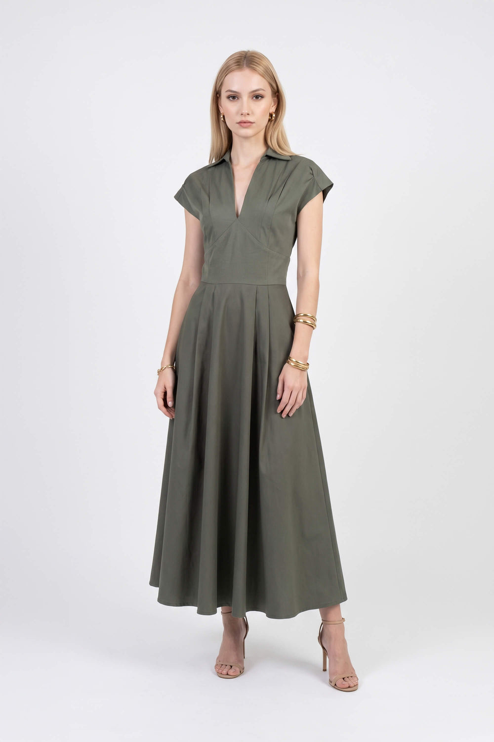 Renata Collar V-Neck Midi Vestido 723074 OLI - Reina Diaz