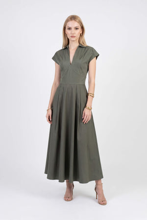 Renata Collar V-Neck Midi Vestido 723074 OLI - Reina Diaz
