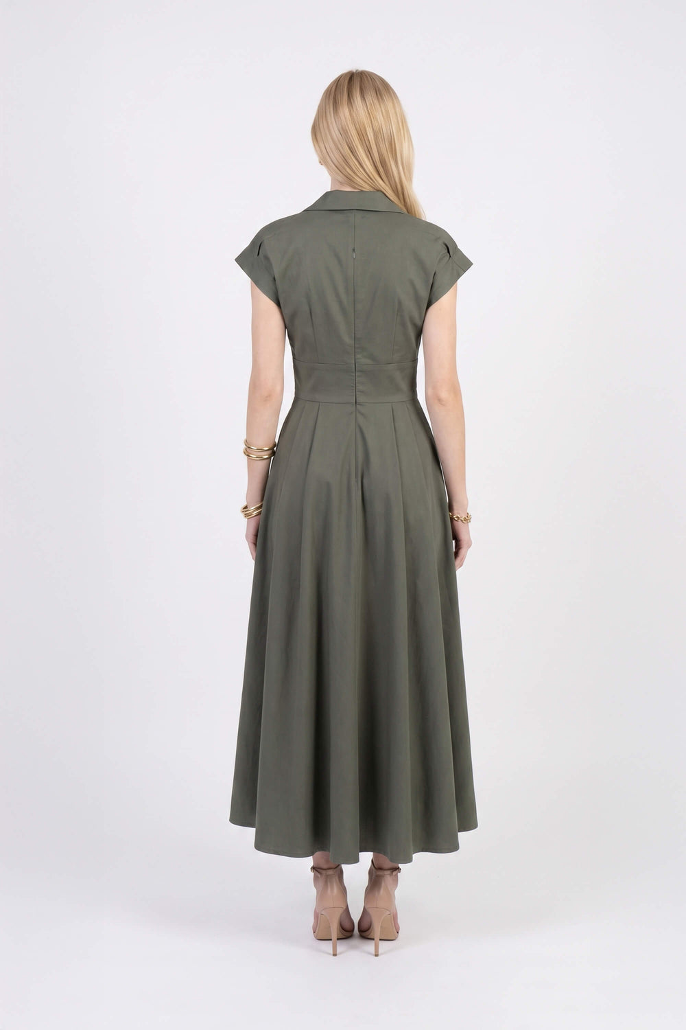 Renata Collar V-Neck Midi Vestido 723074 OLI - Reina Diaz