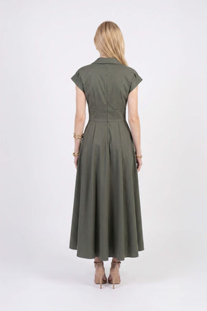 Renata Collar V-Neck Midi Vestido 723074 OLI - Reina Diaz