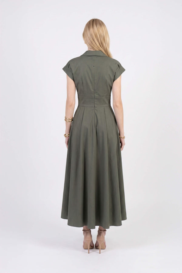 Renata Collar V-Neck Midi Vestido 723074 OLI - Reina Diaz