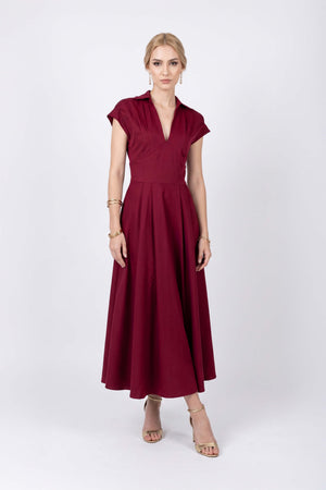 Renata Collar V-Neck Midi Vestido 723074 VIN - Reina Diaz