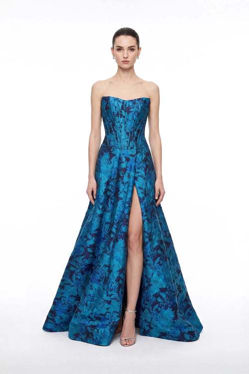 Renata Strapless Corset Slit Vestido 421458 AZU - Reina Diaz